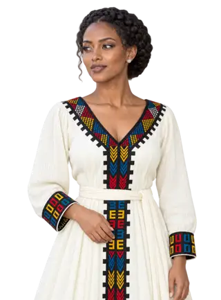 Hager Libs model wearing an Ethiopian embroidered dress