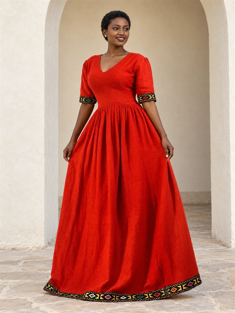 Scarlet Gathered Dress የሀበሻ ልብስ