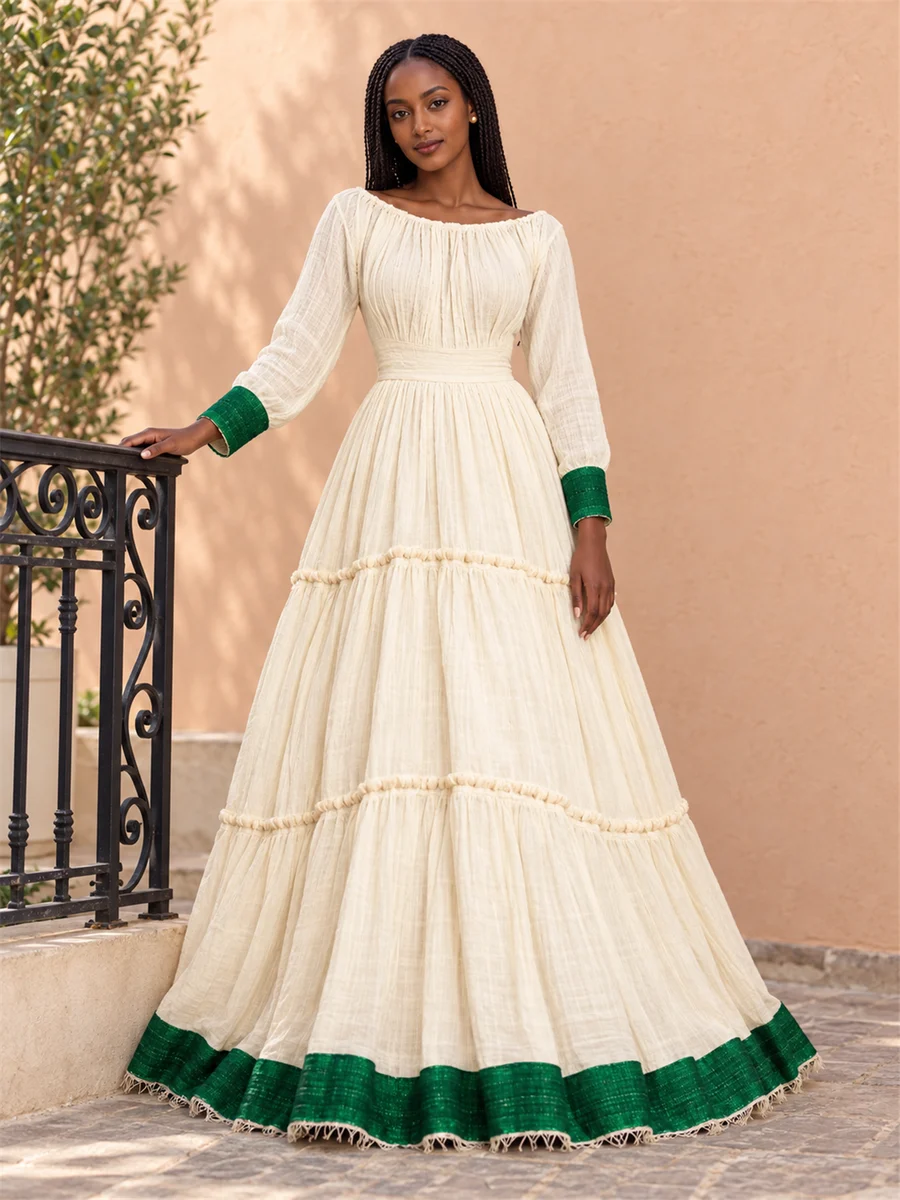 Green Border Tiered Dress የሀበሻ ልብስ