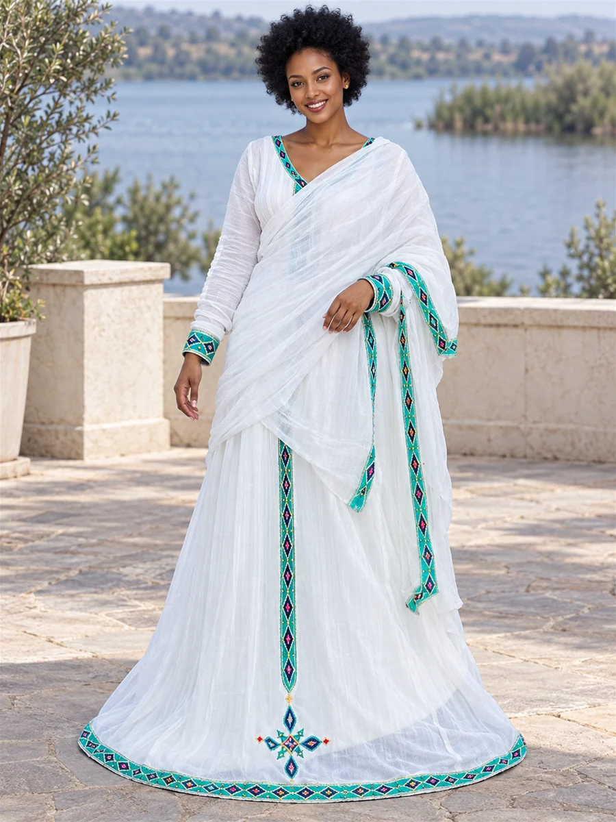 Mint Border Wrap Dress የሀበሻ ልብስ