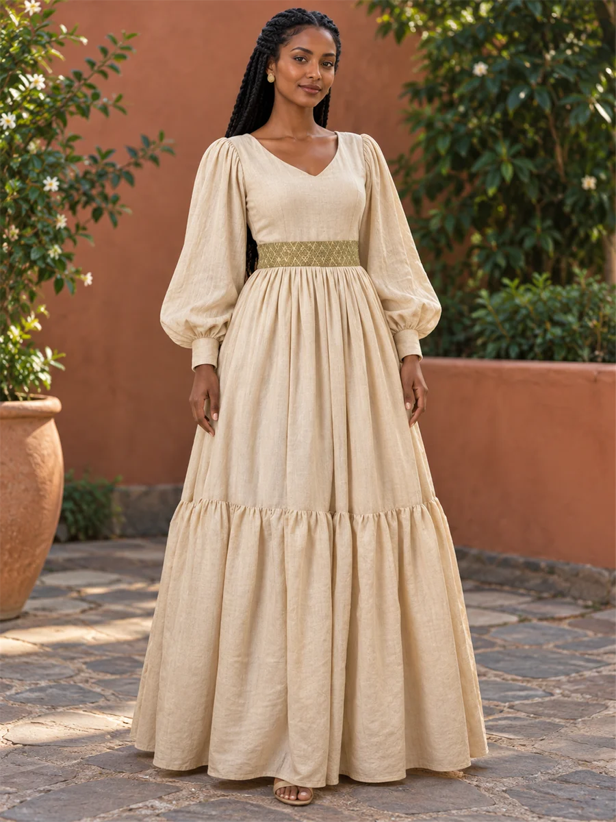 Champagne Gathered Dress የሀበሻ ልብስ