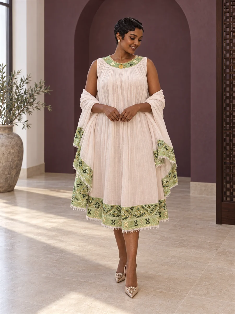 Olive Border Midi women’s Ethiopian traditional dress