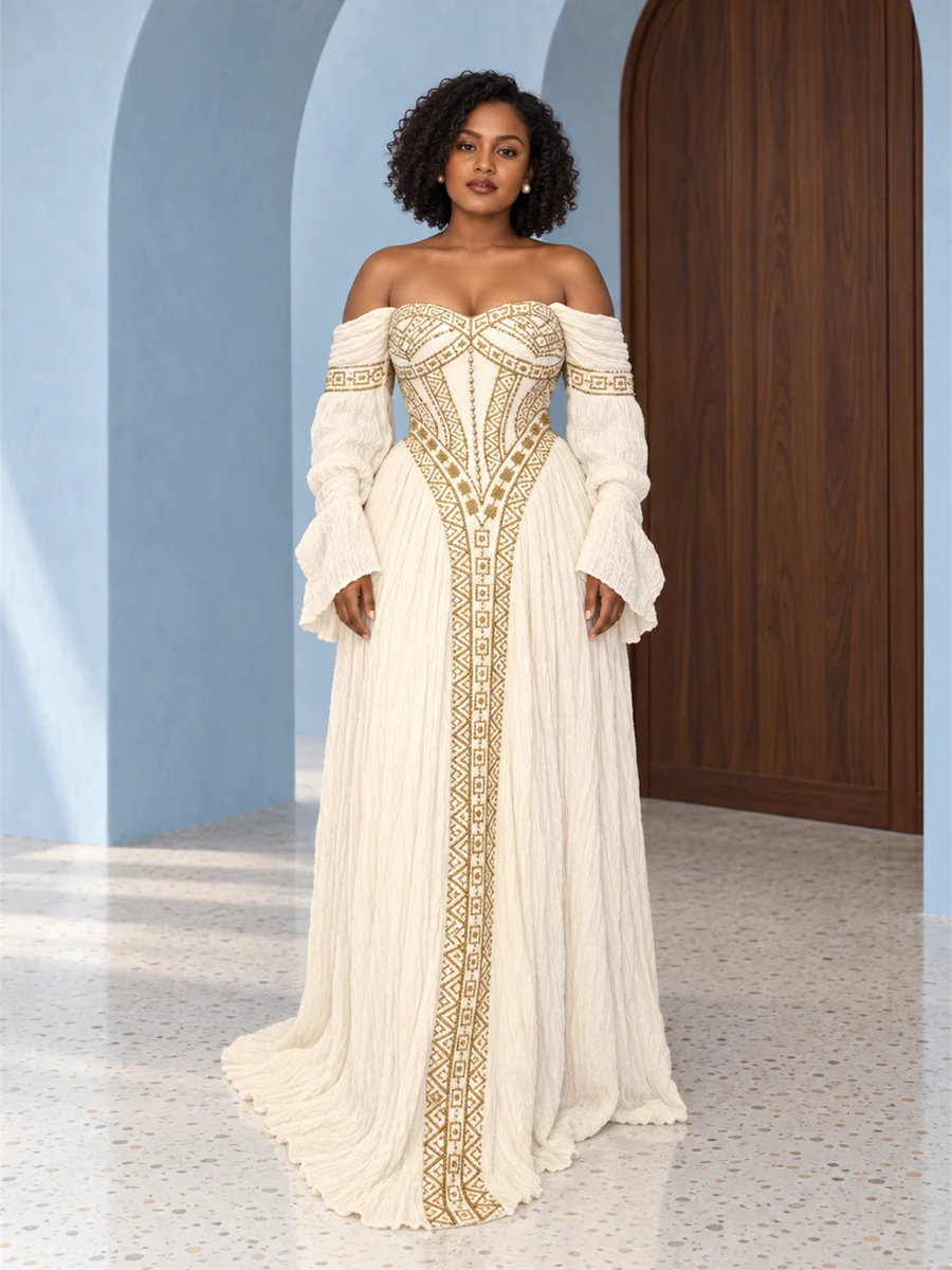 Golden Off-Shoulder Gown የሀበሻ ልብስ