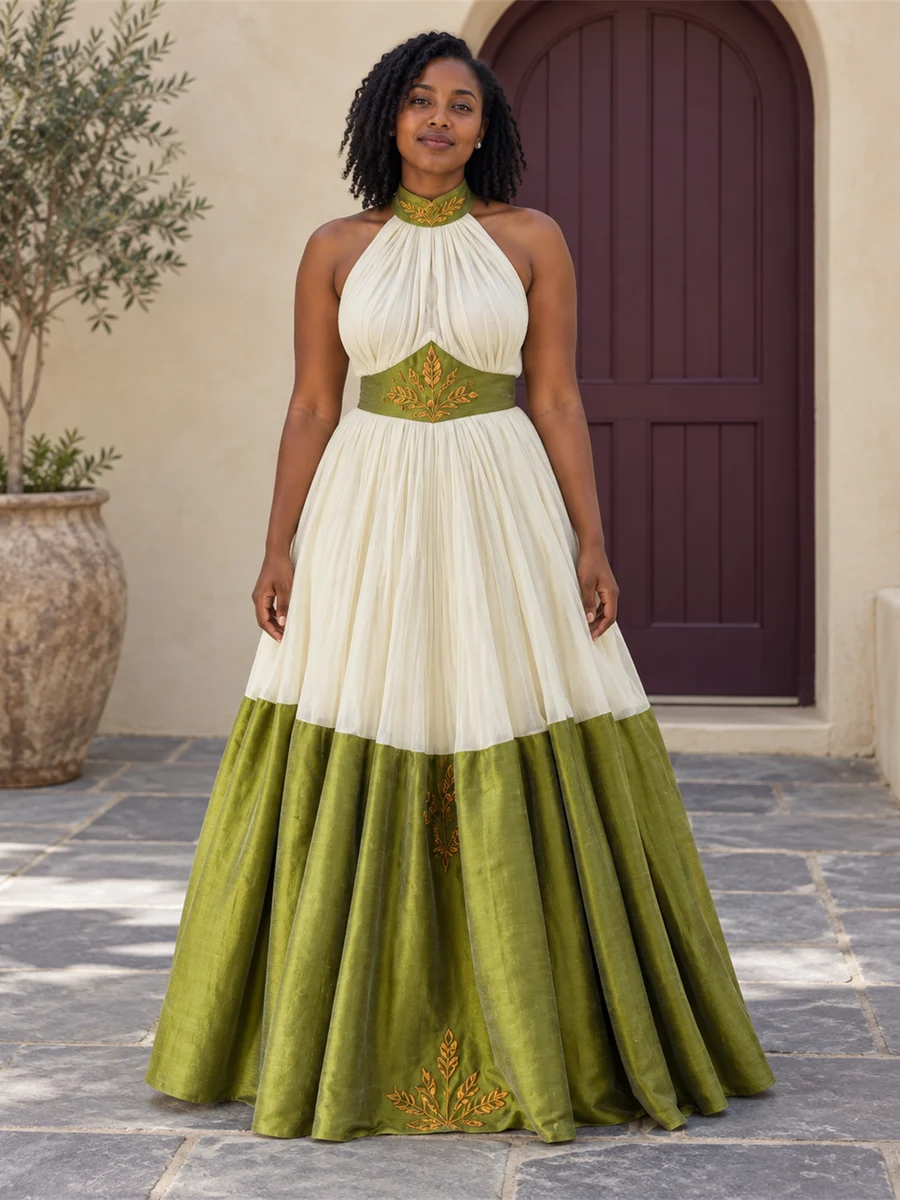 Olive Colorblock Gown የሀበሻ ልብስ
