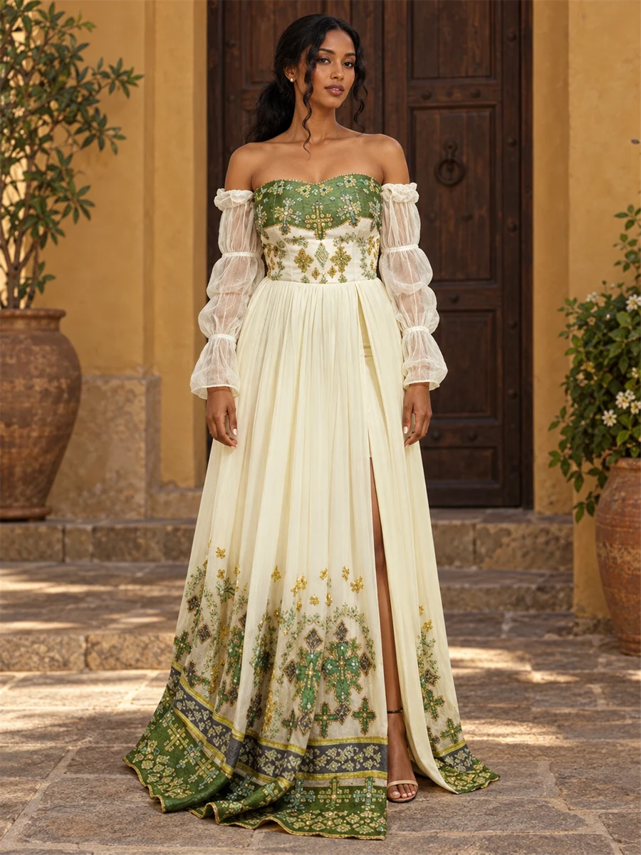 Olive Off-Shoulder Gown የሀበሻ ልብስ