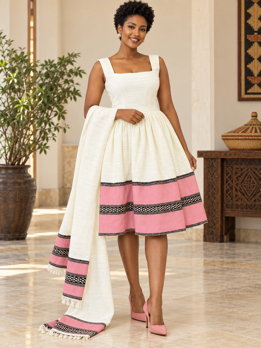Blush Ribbon Ensemble women’s Ethiopian traditional dress