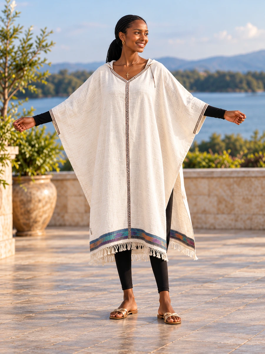 Teal Border Poncho Set women’s Ethiopian traditional dress
