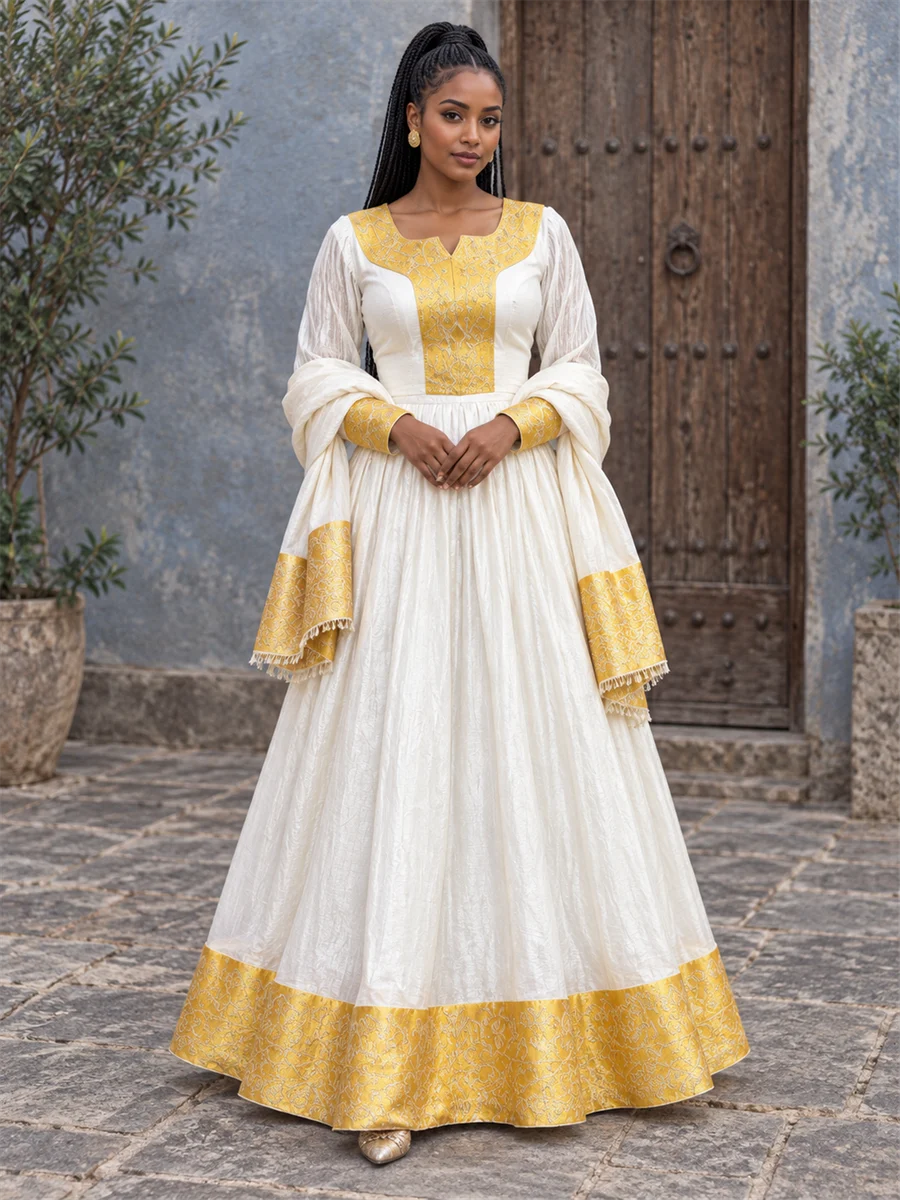 Golden Hem Celebration Dress የሀበሻ ልብስ