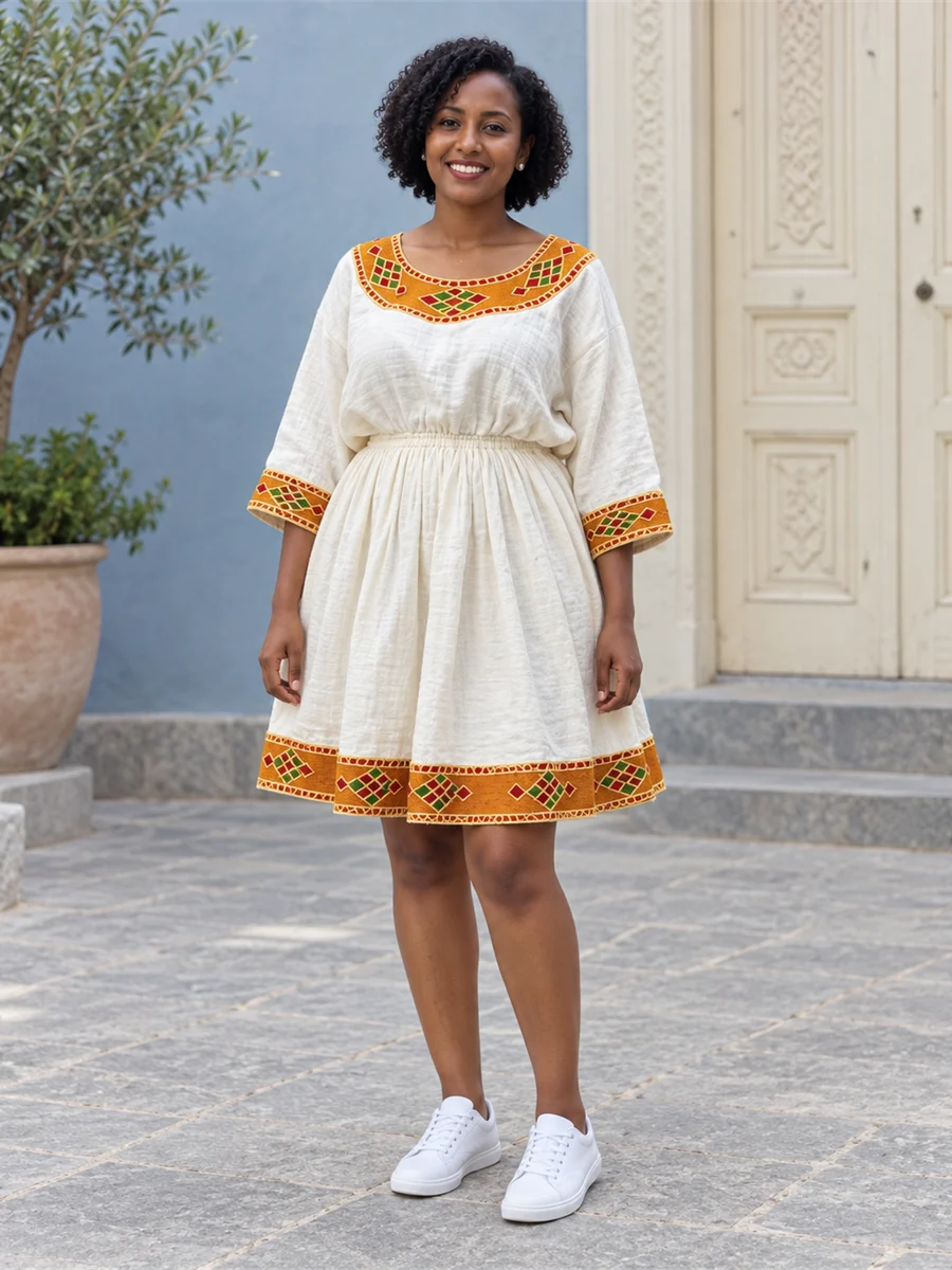 Gold Trim Mini women’s Ethiopian traditional dress