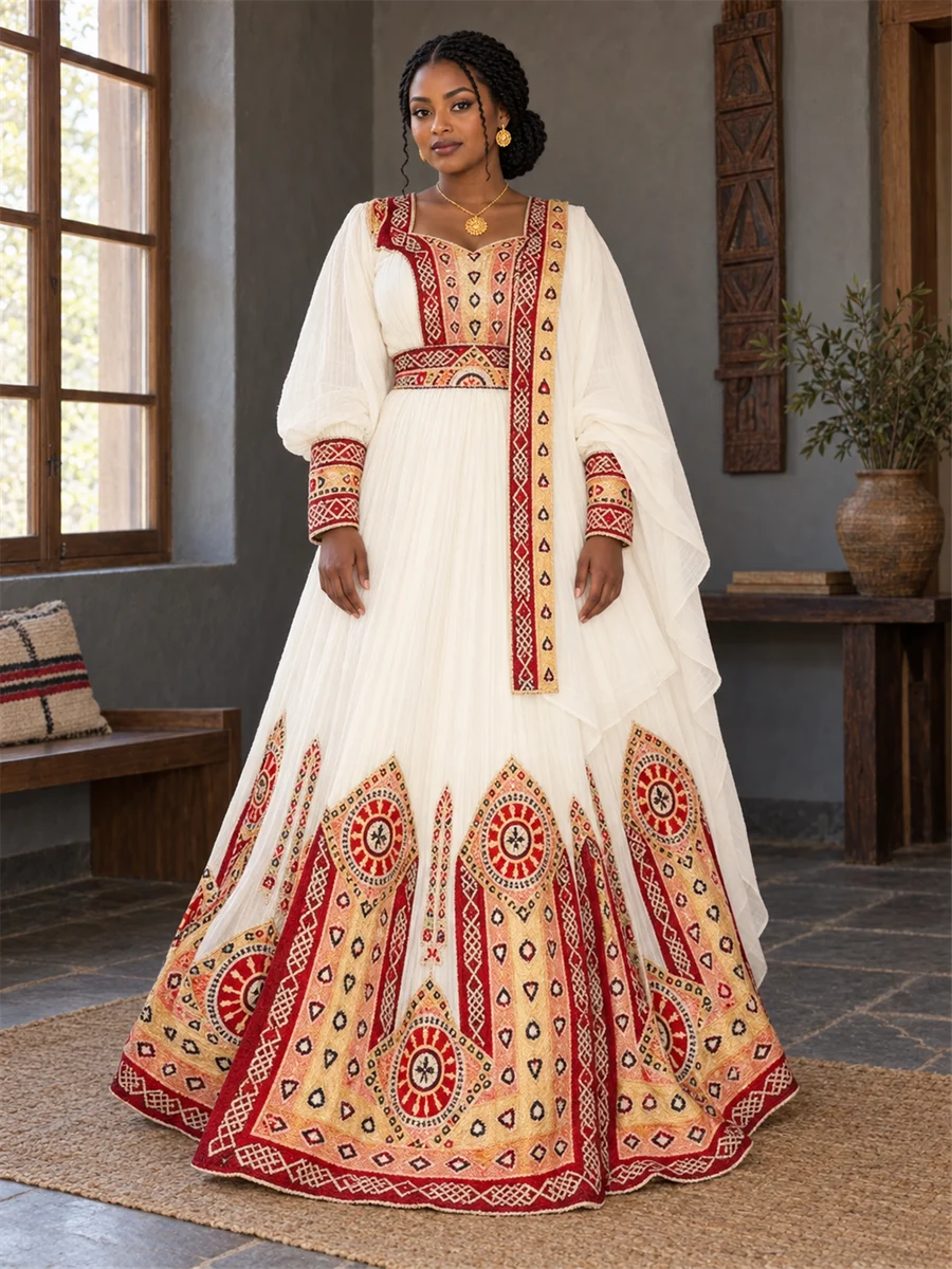 Ruby Border Kemis women’s Ethiopian traditional dress