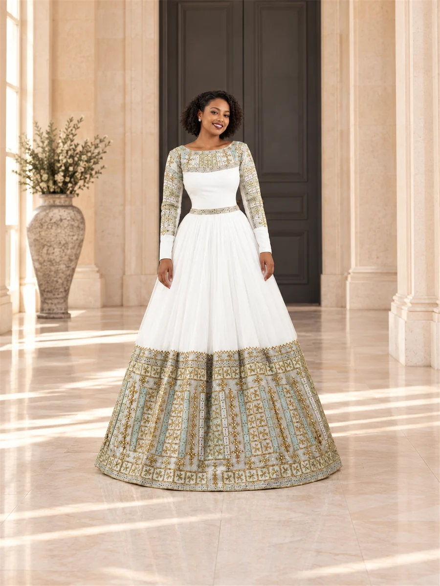 Olive Border Occasion Dress የሀበሻ ልብስ