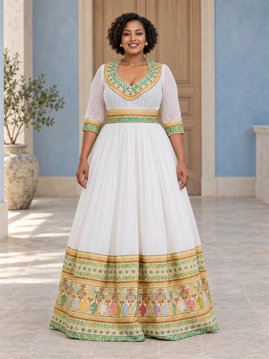 Lime Gold Celebration Gown women’s Ethiopian traditional dress