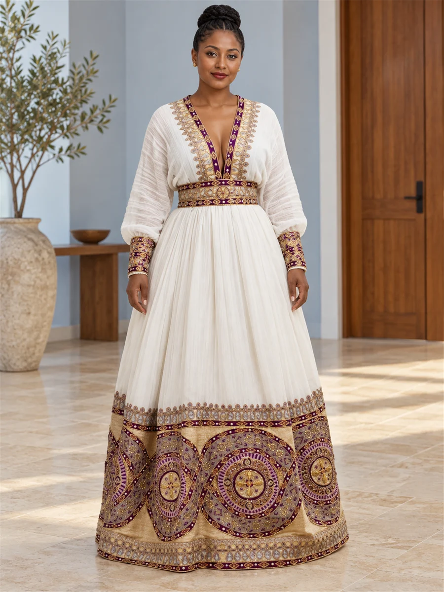 Burgundy Border Kemis women’s Ethiopian traditional dress