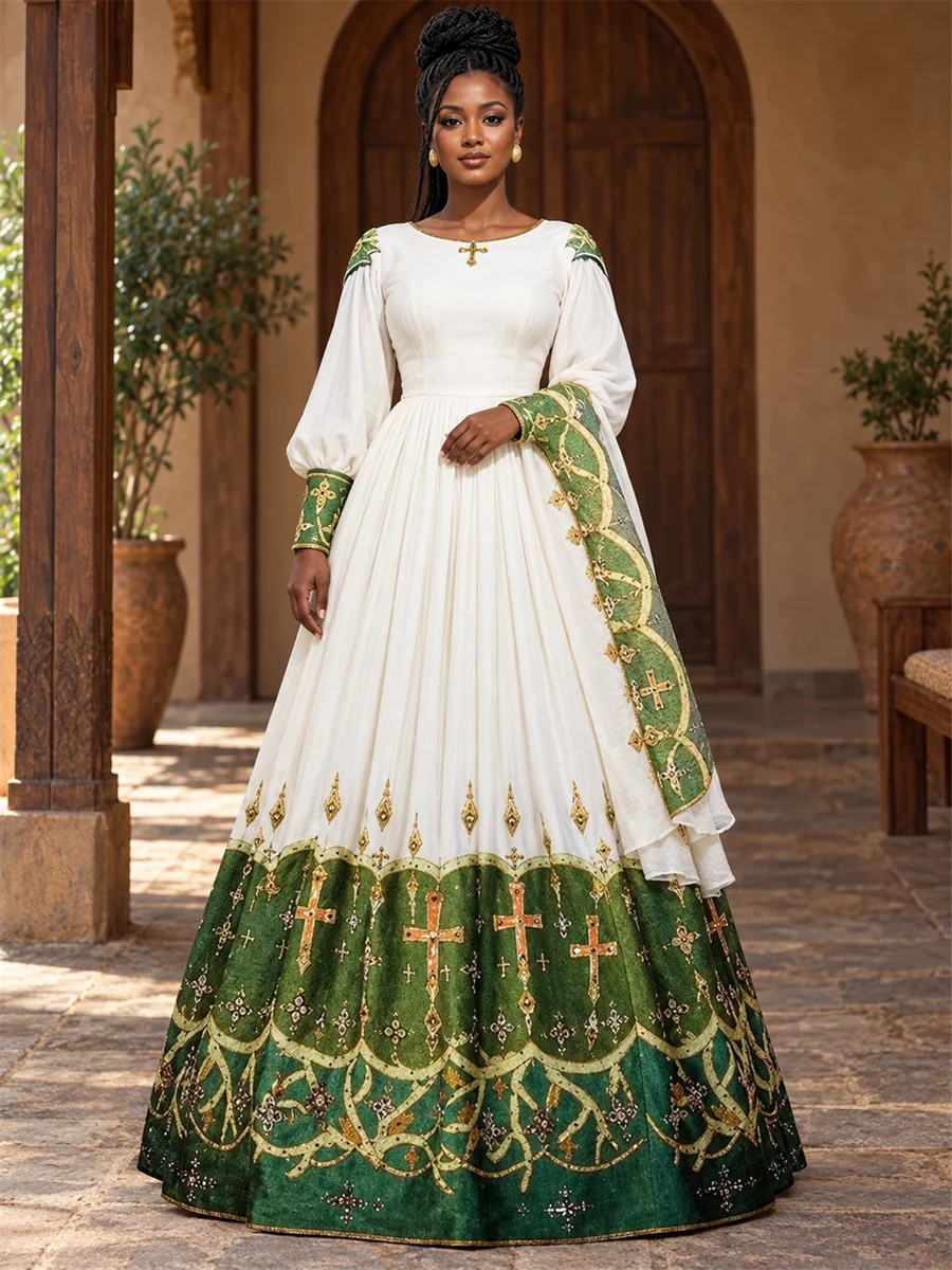 Emerald Border Kemis women’s Ethiopian traditional dress