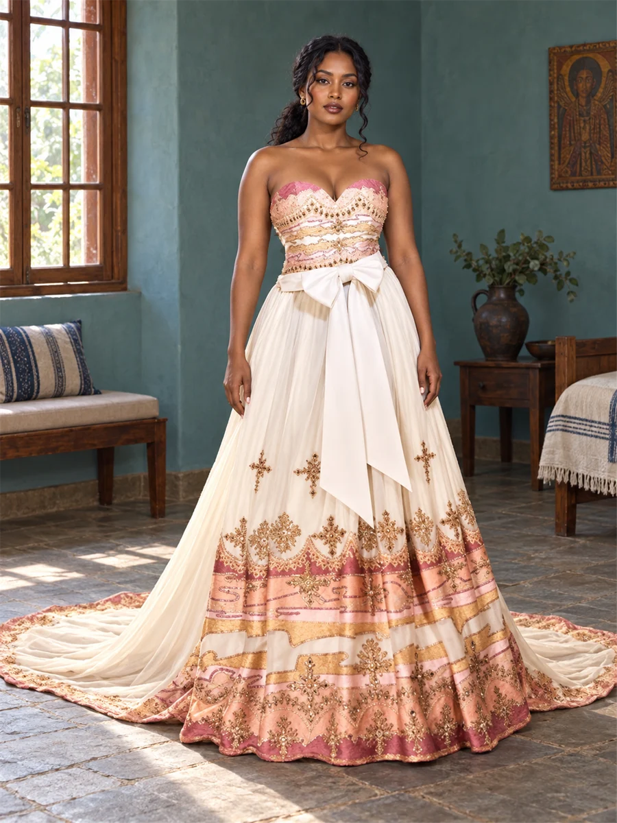 Blush Border Gown women’s Ethiopian traditional dress