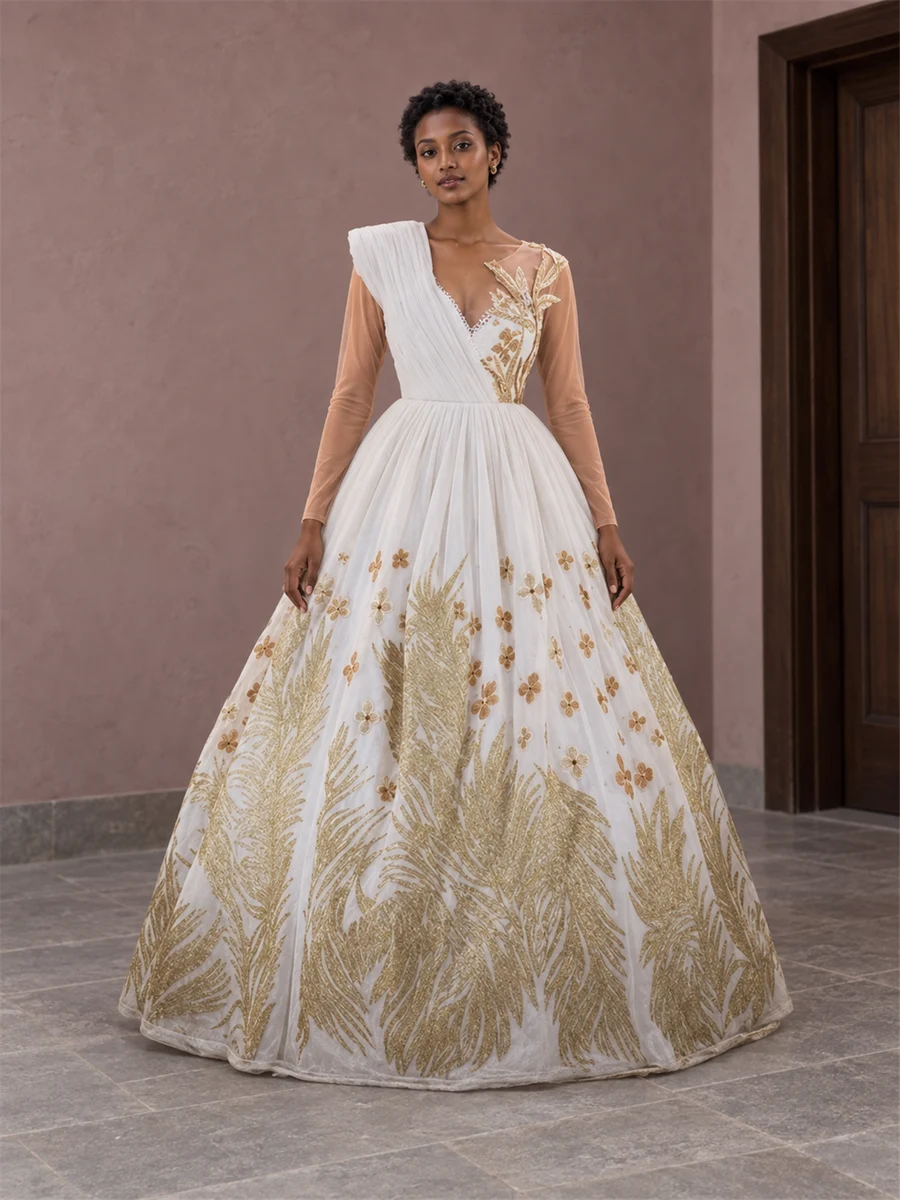 Champagne Lace-Look Gown የሀበሻ ልብስ