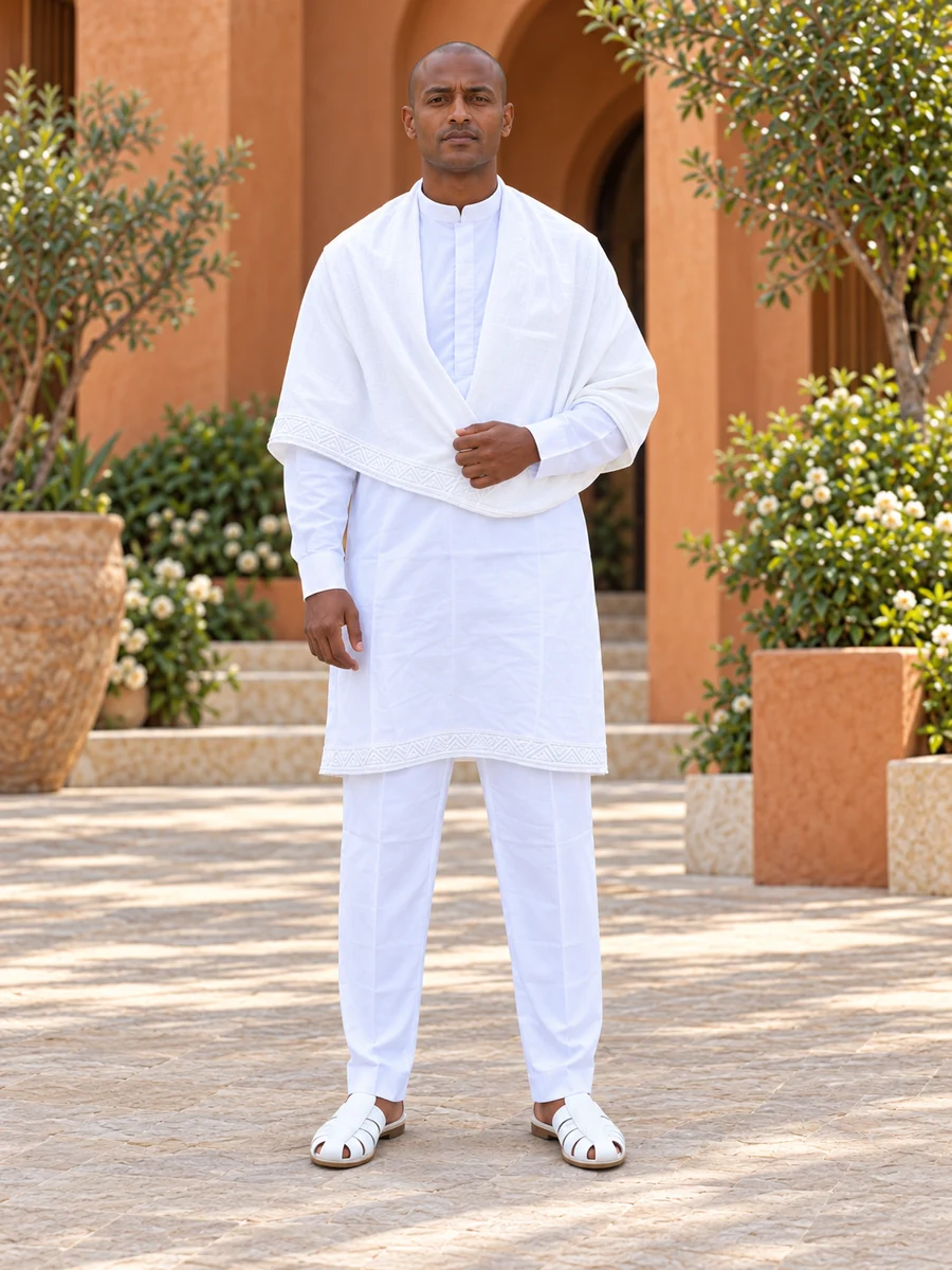 Ivory Mandarin Collar Ensemble የሀበሻ ልብስ