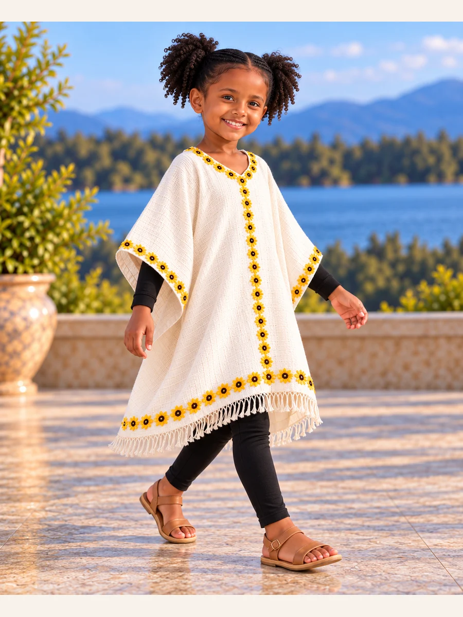 Kids Holiday Look 09 — Gold Floral Poncho የሀበሻ ልብስ