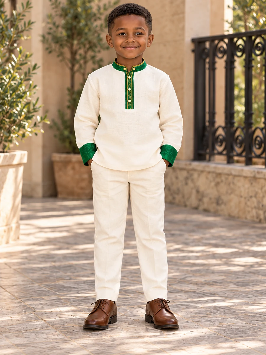 Boys Ivory Green Trim Set የሀበሻ ልብስ