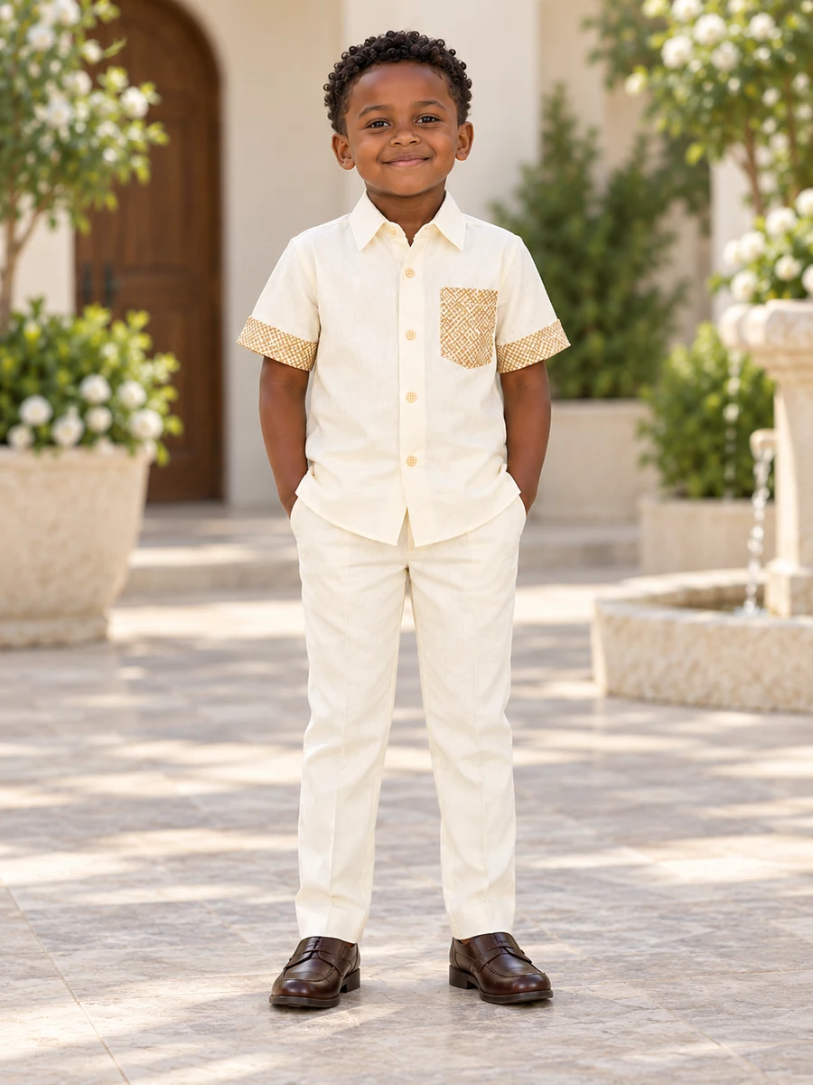 Boys Cream Tan Pocket Set የሀበሻ ልብስ