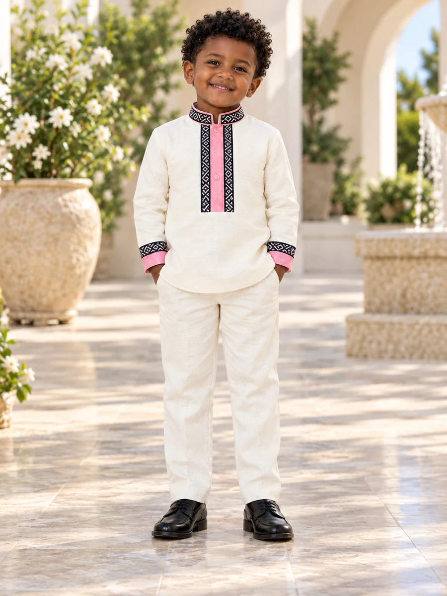 Boys Pink Black Placket Set የሀበሻ ልብስ