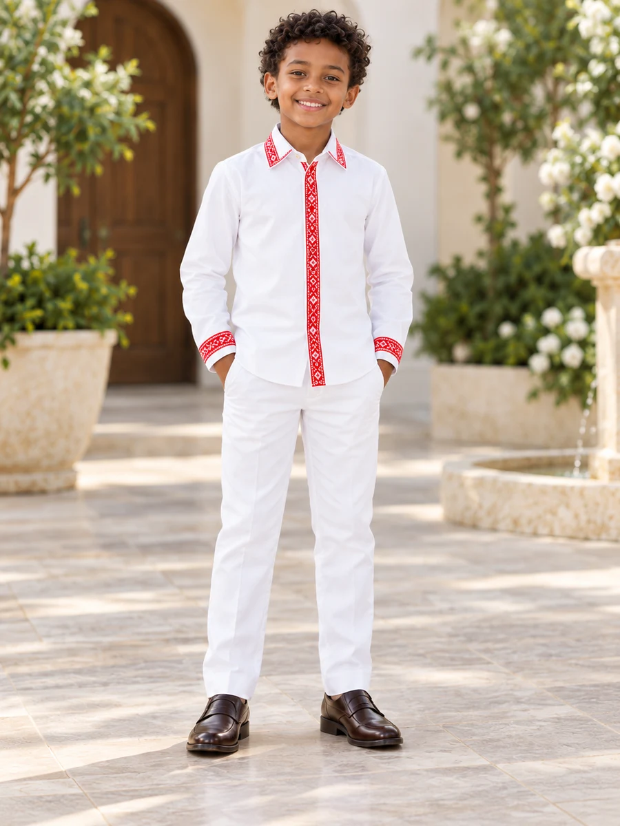 Boys Red Trim Set የሀበሻ ልብስ