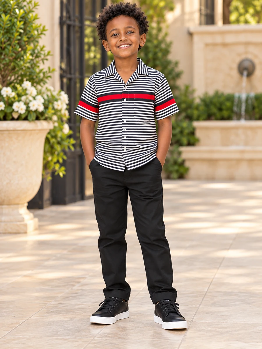 Boys Red Stripe Shirt Set የሀበሻ ልብስ