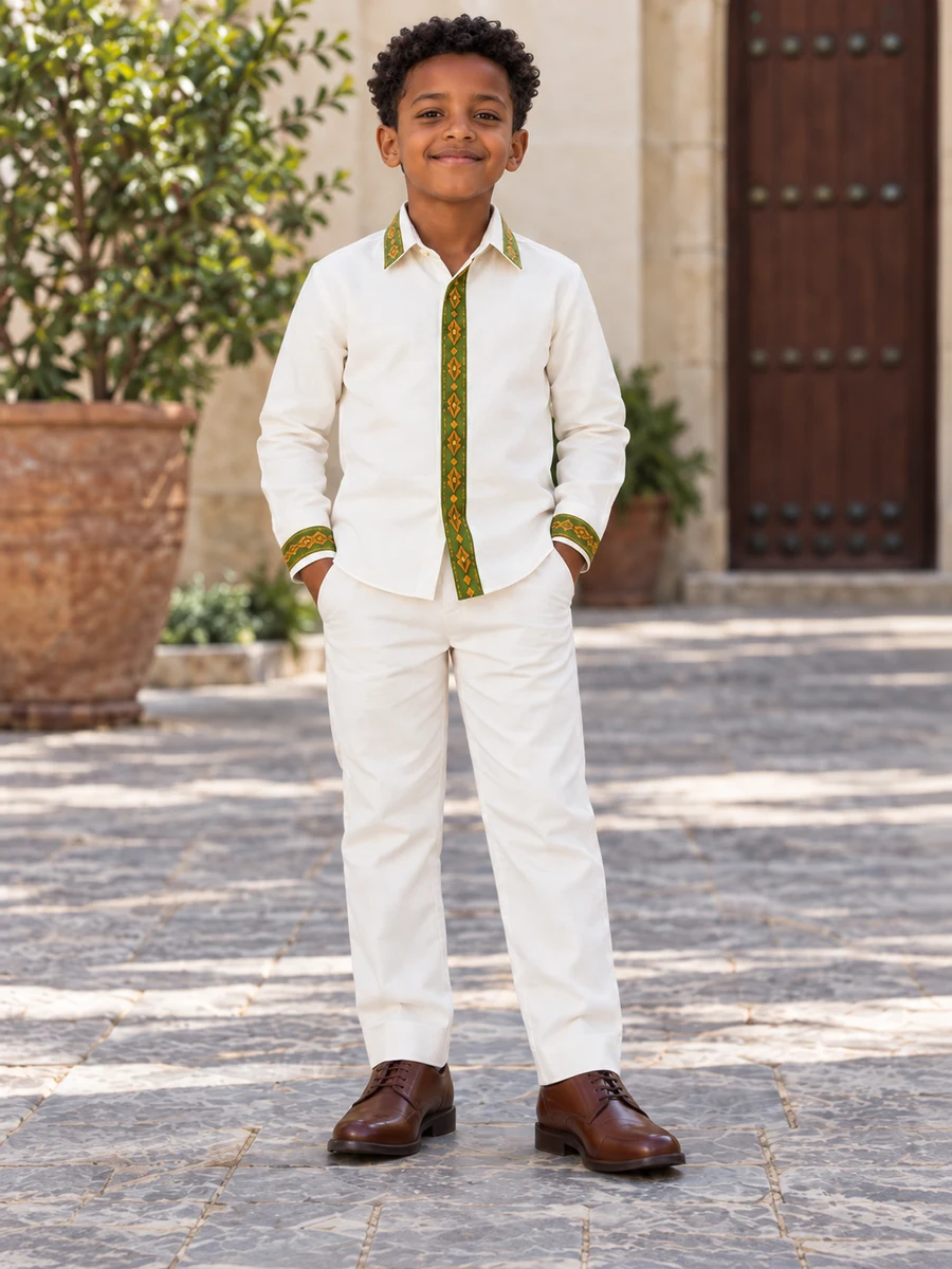 Boys Green Gold Trim Set የሀበሻ ልብስ