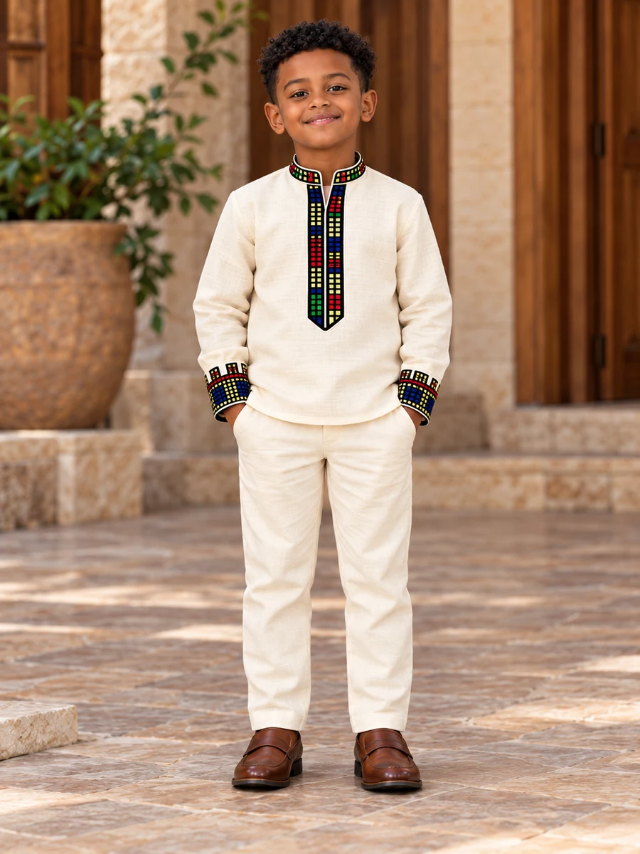 Boys Mosaic Placket Set የሀበሻ ልብስ