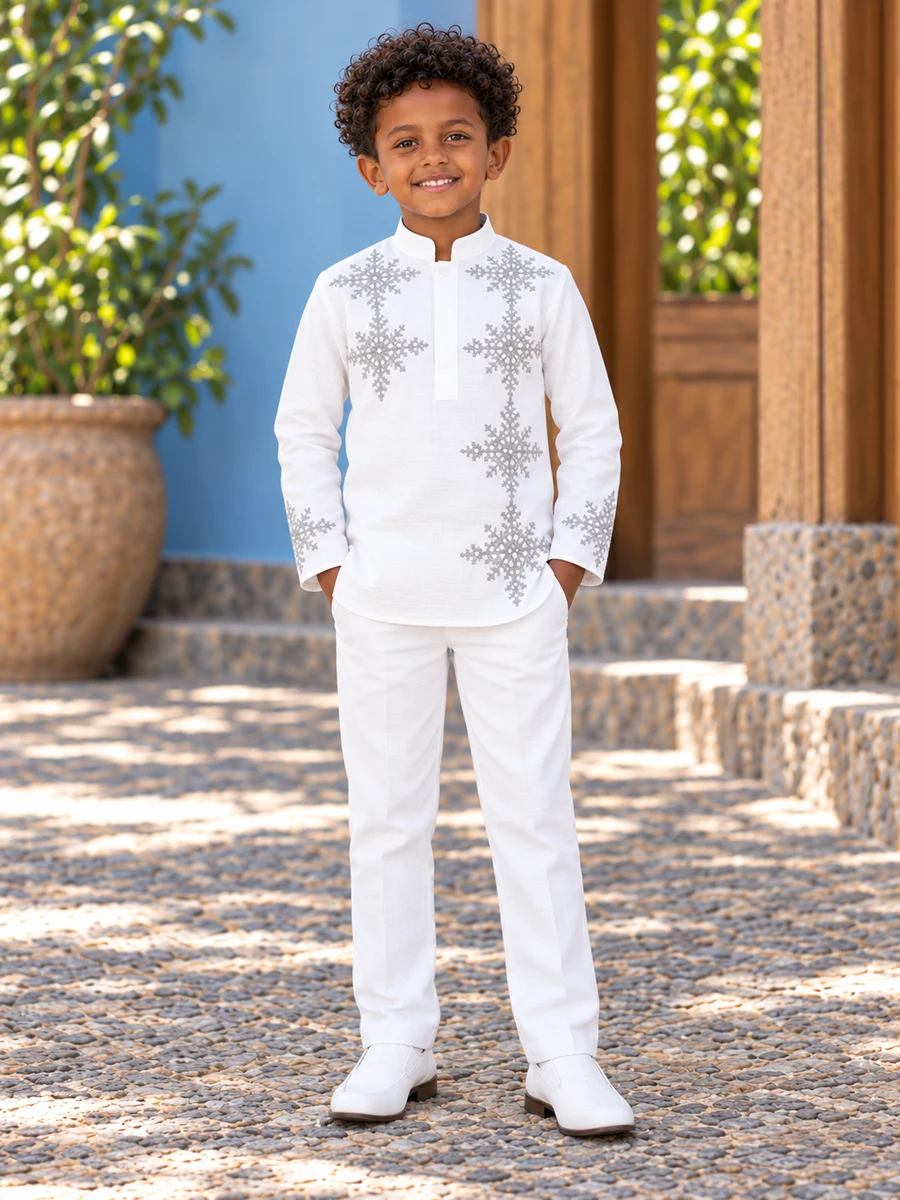 Boys White Silver Set የሀበሻ ልብስ