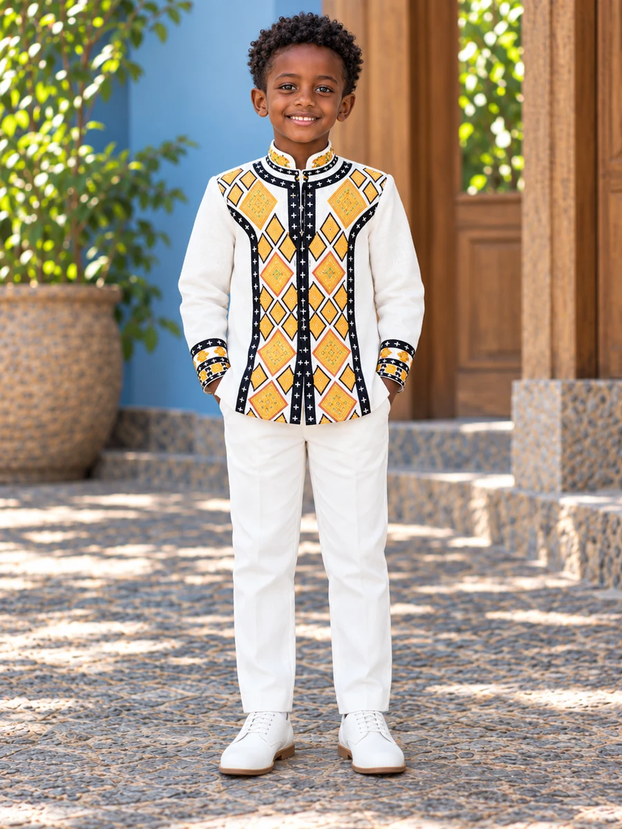 Boys Yellow Black Panel Set የሀበሻ ልብስ