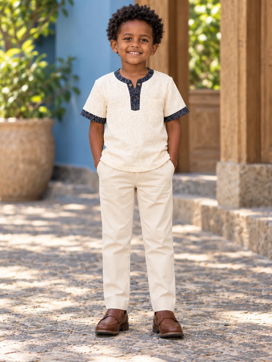 Boys Cream Navy Trim Set የሀበሻ ልብስ