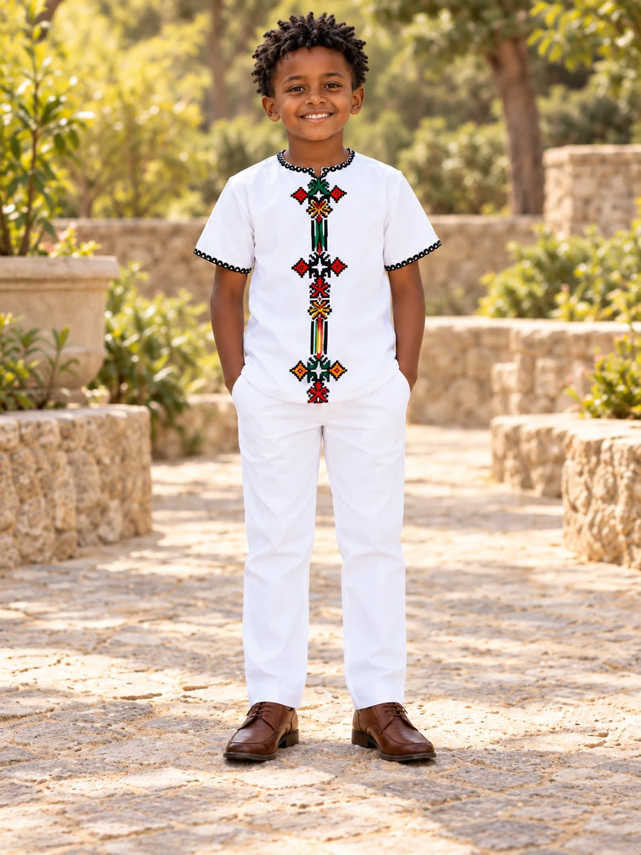Boys Cross Short-Sleeve Set የሀበሻ ልብስ