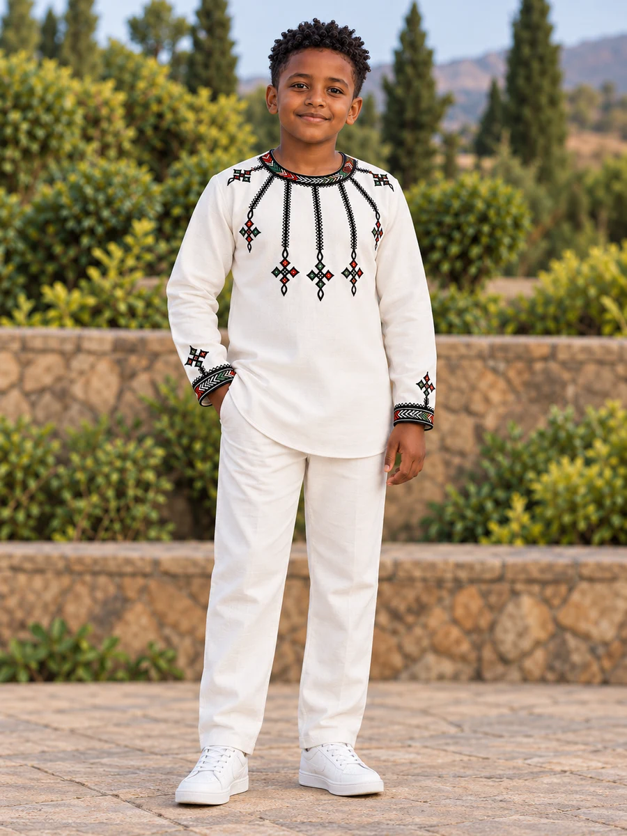 Boys Black Red Green Tunic Set የሀበሻ ልብስ