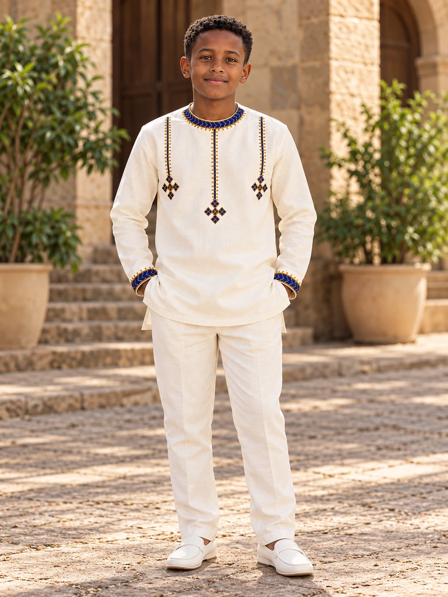Boys Blue Gold Tunic Set የሀበሻ ልብስ