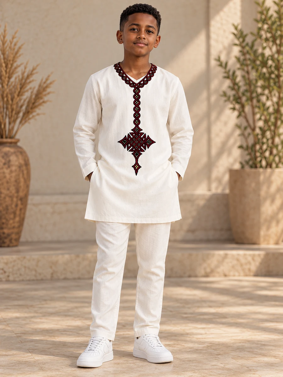 Boys Red Black Medallion Tunic Set የሀበሻ ልብስ