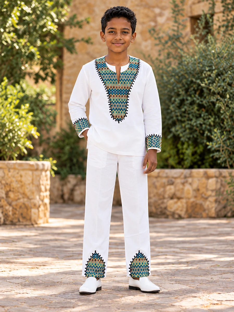 Boys Teal Gold Embroidered Set የሀበሻ ልብስ
