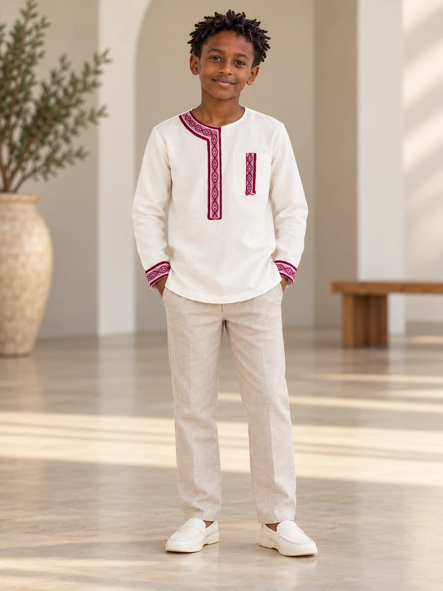 Boys Wine Trim Asymmetric Tunic Set የሀበሻ ልብስ