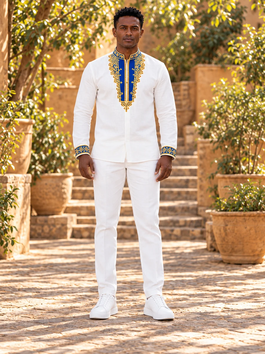 Royal Blue Gold Bib Shirt Ethiopian traditional clothing