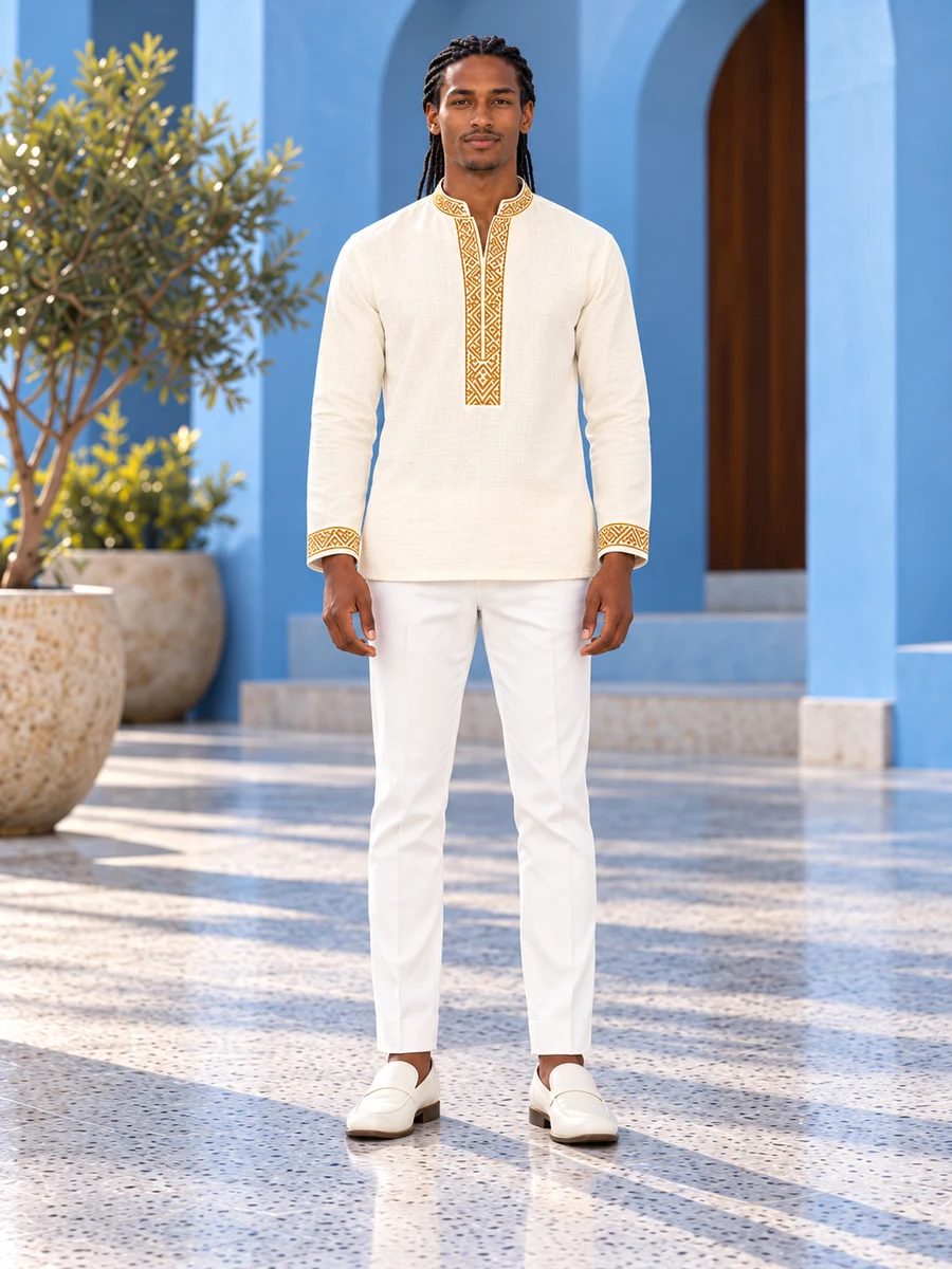 Golden Embroidered Ivory Pullover men’s Ethiopian traditional dress