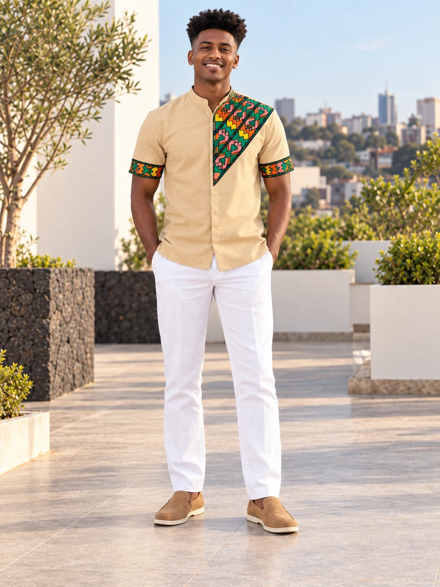 Addis Mosaic Sand Shirt የሀበሻ ልብስ