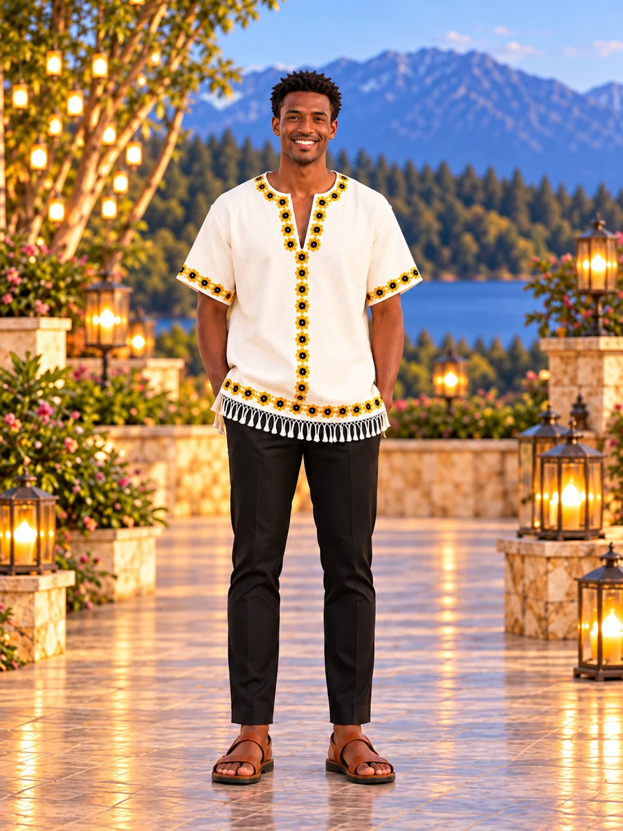 Ivory Golden Floral Tunic የሀበሻ ልብስ