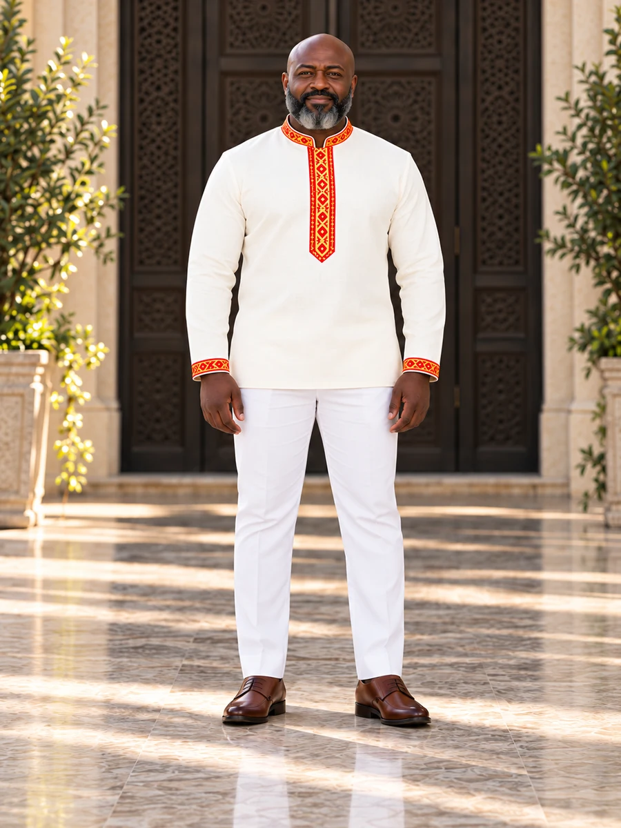 Red Gold Embroidered Ivory Pullover የሀበሻ ልብስ