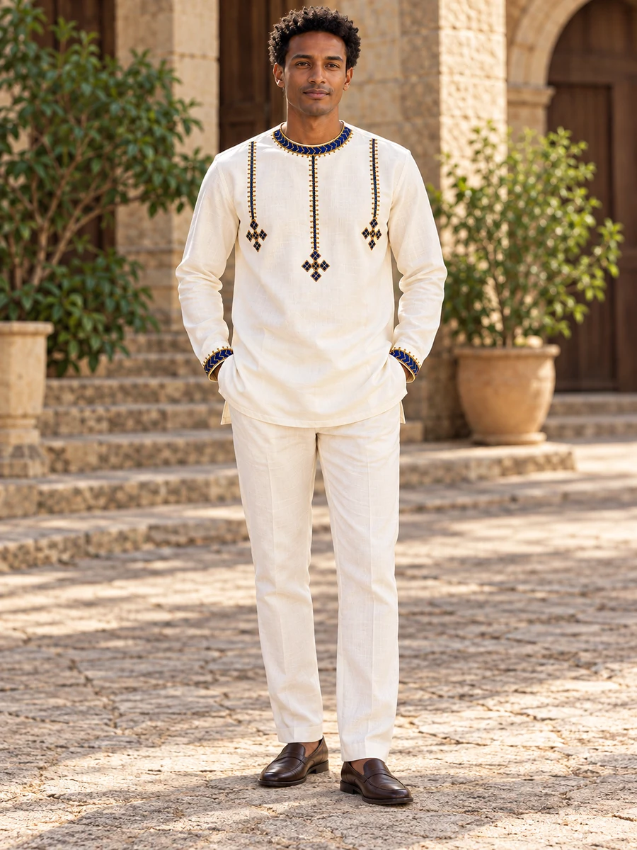 Blue Gold Embroidered Tunic የሀበሻ ልብስ
