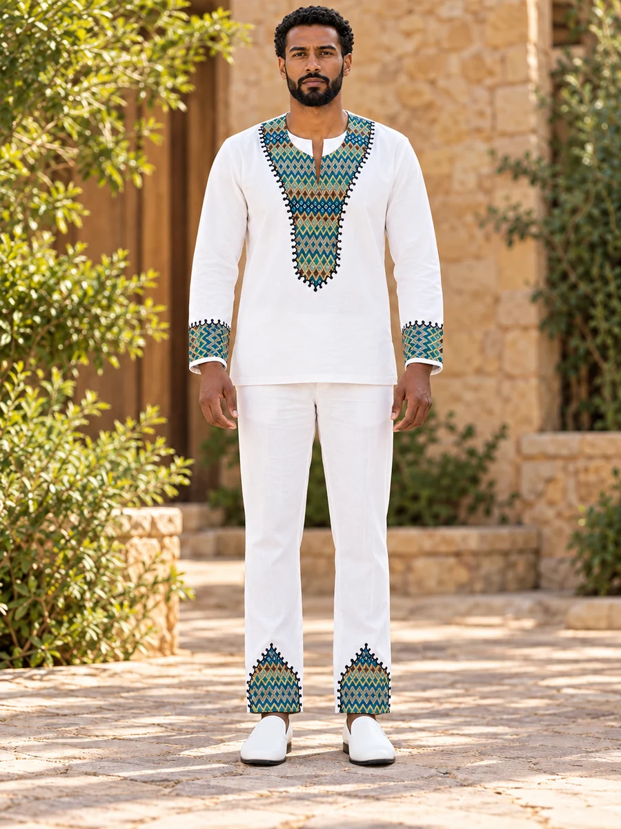 Teal Gold Embroidered Set men’s Ethiopian traditional dress