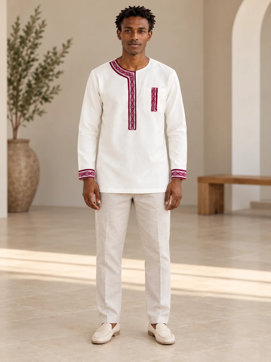 Wine Trim Asymmetric Tunic የሀበሻ ልብስ