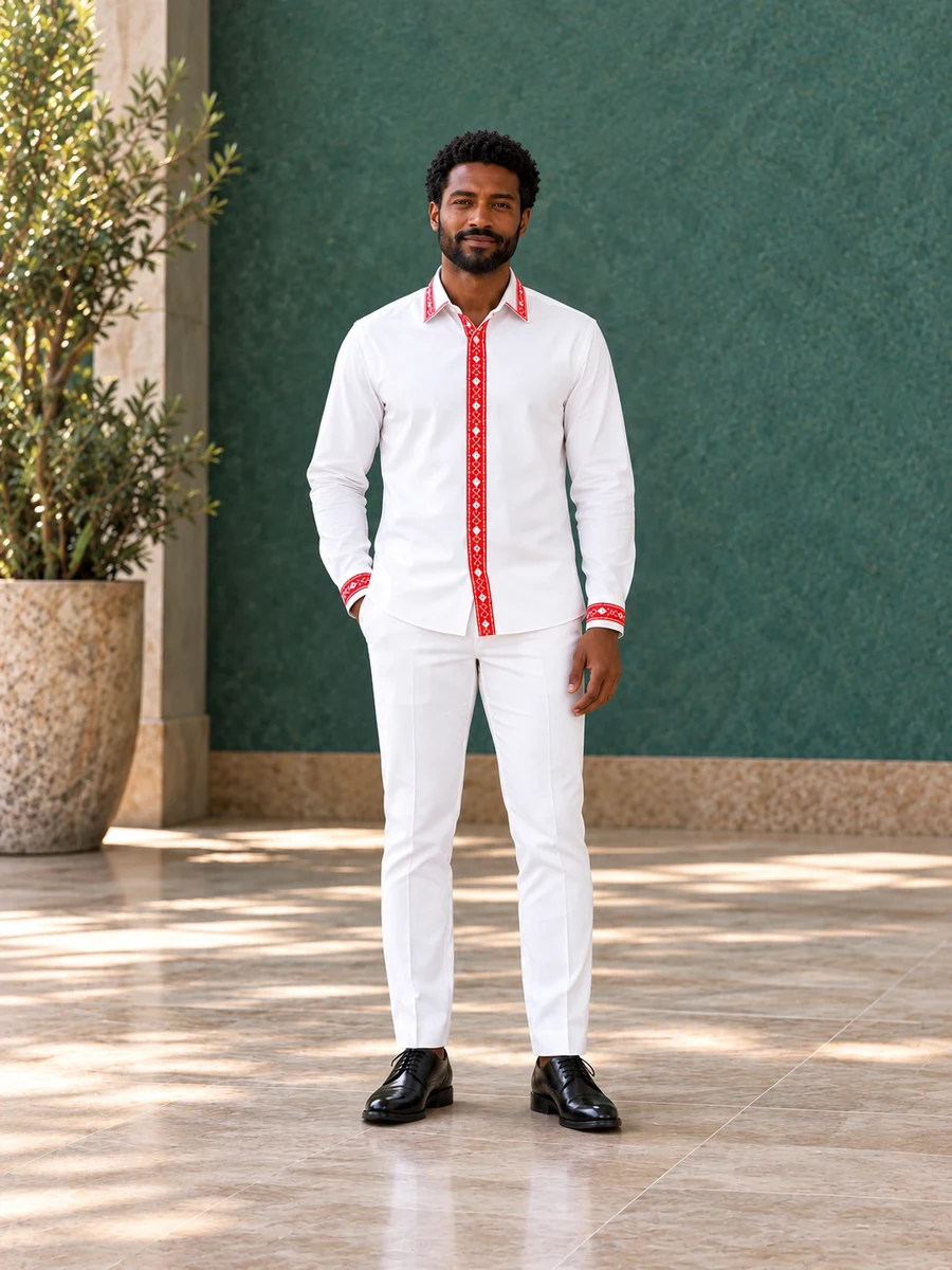 Red Heritage Embroidery Shirt Ethiopian traditional clothing