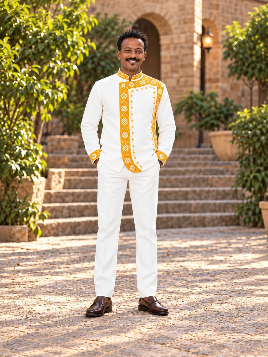 Ivory Asymmetric Golden Suit የሀበሻ ልብስ