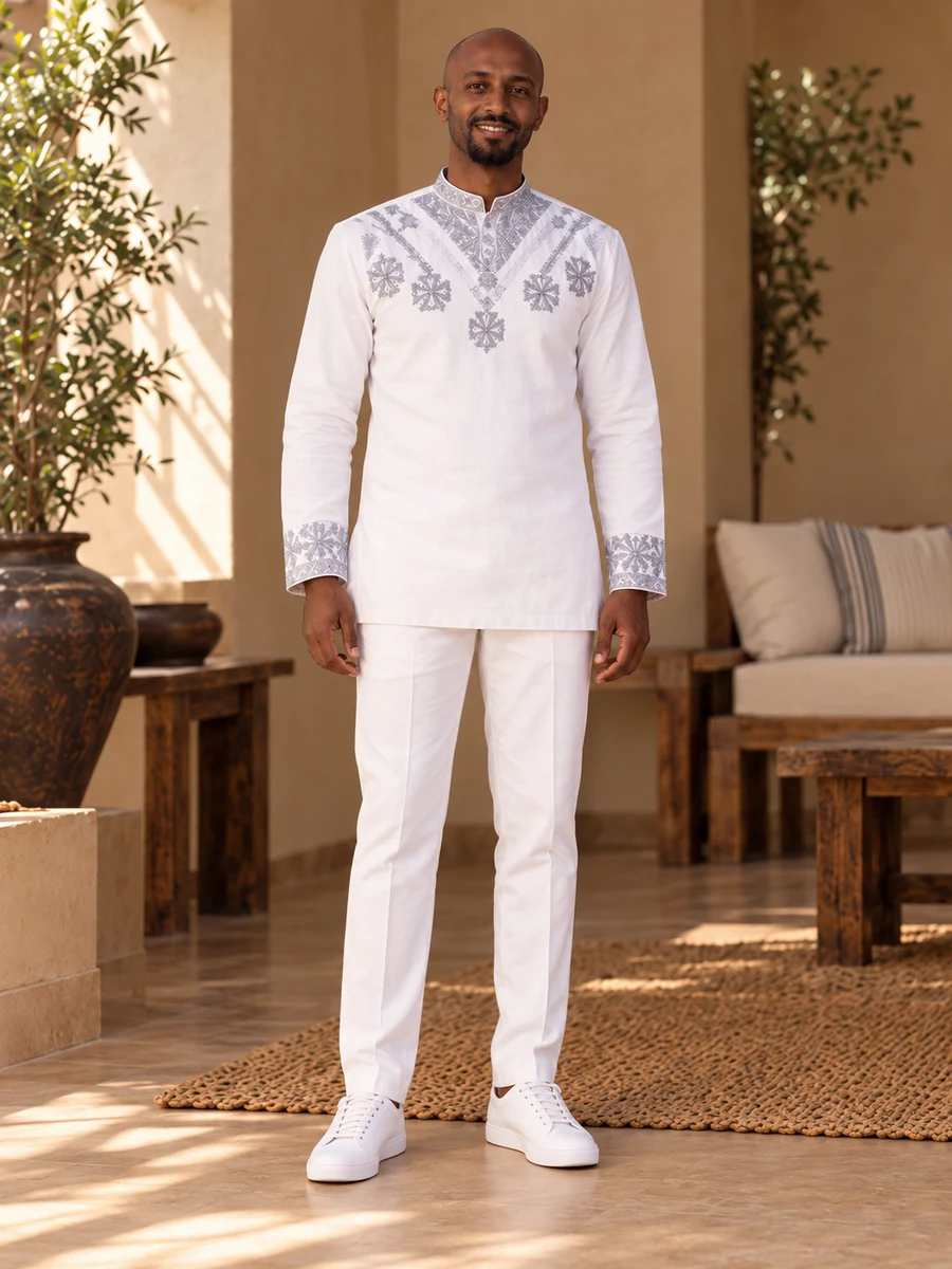 Silver Blossom Yoke Tunic men’s Ethiopian traditional dress