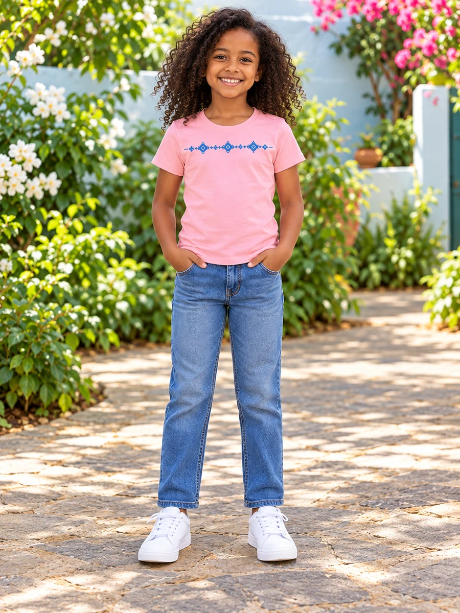 Pink Tee, Blue Embroidery የሀበሻ ልብስ